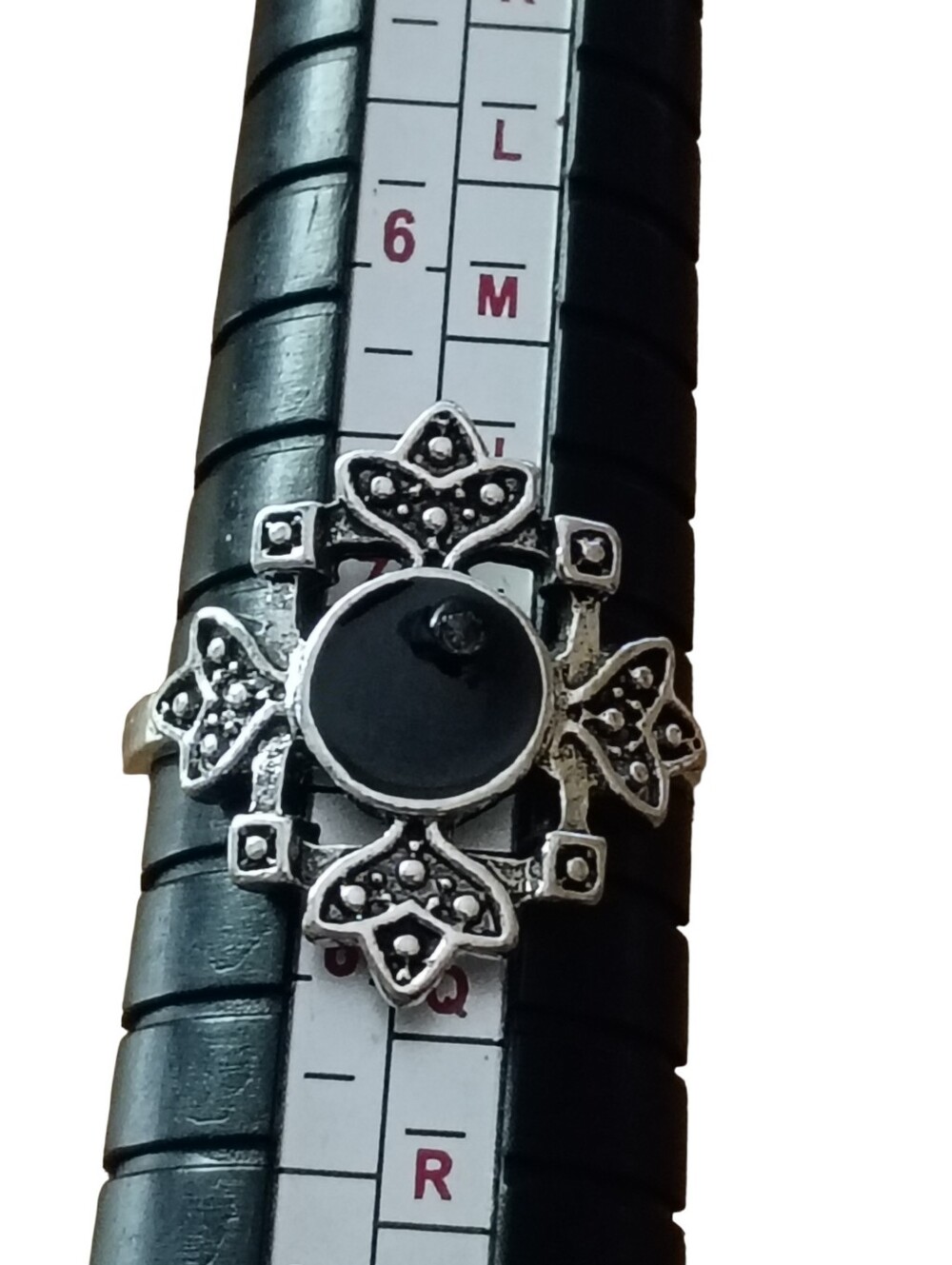 Ornate Black Silver Ring 7.5